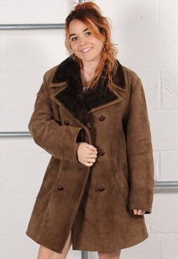 Vintage Suede Coat in Brown Sherpa Shearling Jacket Large
