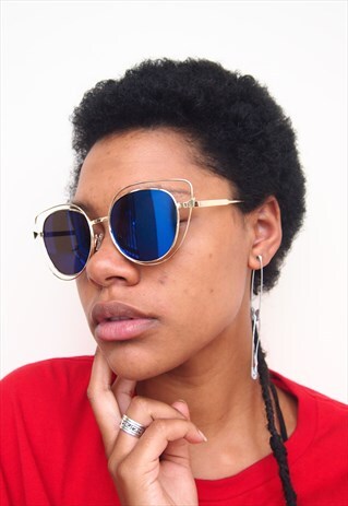REFLECTIVE BLUE LENS GOLD FRAME CAT EYE SUNGLASSES