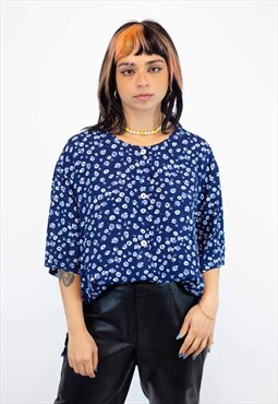 Vintage Abstract Pattern Blouse in Blue, Size XXL