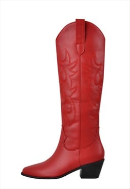 Red Cowboy Western Boots Wide Calf Block Heel
