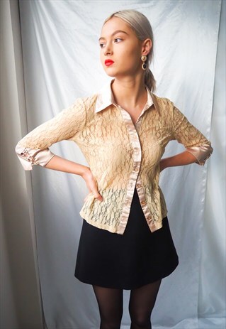 VINTAGE GOLD LACE SEMI SHEER BLOUSE
