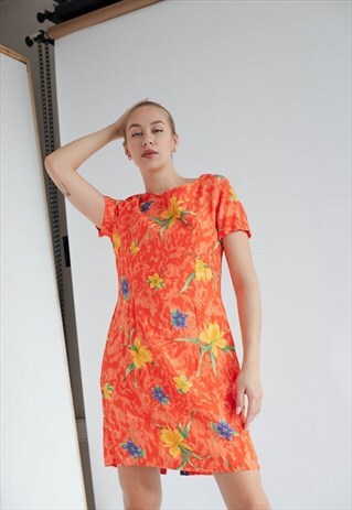 VINTAGE 90S GRUNGE FITTED SHORT SLEEVE ORANGE MIDI DRESS S