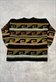 VINTAGE KNITTED JUMPER ABSTRACT PATTERNED GRANDAD SWEATER