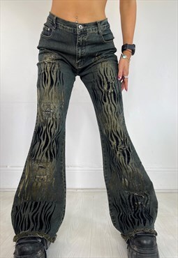 Vintage 90s Jeans Flared Printed Distressed Grunge Y2k 