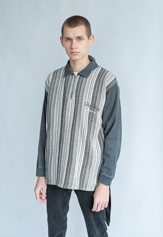 VINTAGE 80S HALF ZIP STRIPE JUMPER SHIRT