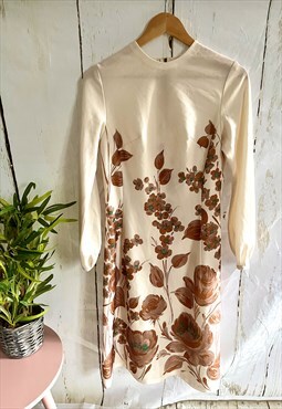 Vintage Cream & Brown Autumn Boho 70's Leaf Dress