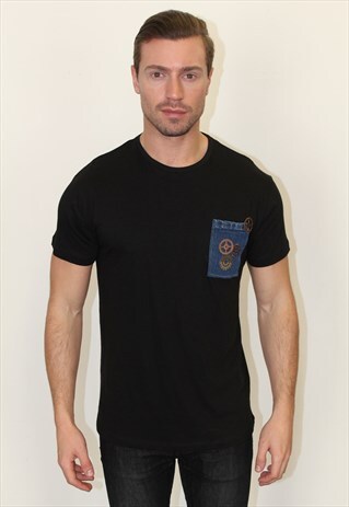 BLACK TEE WITH COG DETAIL DENIM POCKET HIPSTER T-SHIRT TOP
