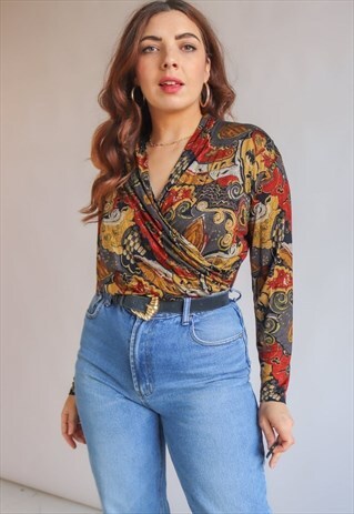 VINTAGE 80S WRAP BLOUSE IN PAISLEY PRINT