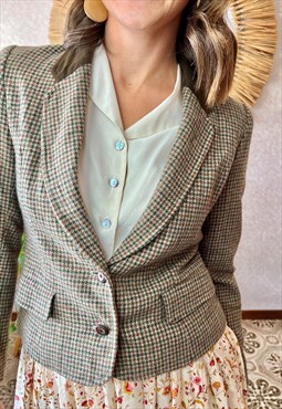 1970's vintage green houndstooth blazer with velvet trim