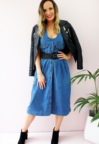 VINTAGE 80'S BLUE DENIM A LINE FRONT MIDI FLARE DRESS