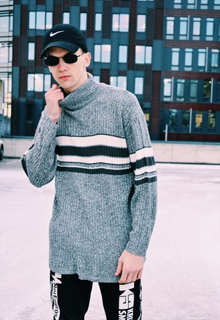 VINTAGE 90S UNISEX GREY STRIPED KNIT TURTLE NECK JUMPER
