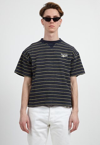 90S VINTAGE NAVY REEBOK LOGO CREW NECK STRIPED T-SHIRT