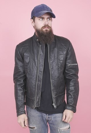 VINTAGE BLACK LEATHER BIKER JACKET /R13037