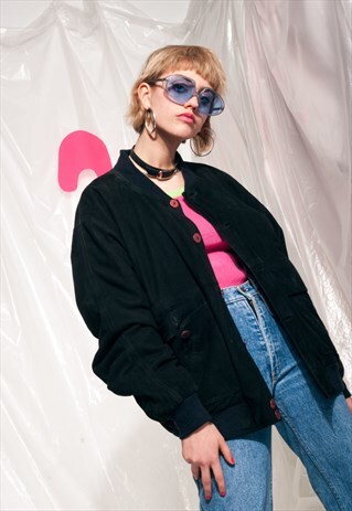 VINTAGE REVIVAL LEATHER JACKET 80S UNISEX SUEDE BLACK BOMBER