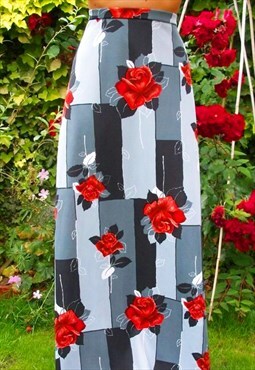 1970s Vintage Grey/Red/Black Floral Rose Maxi Skirt