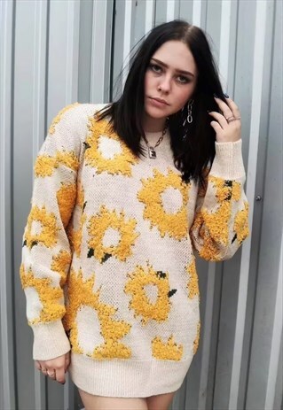DAISY SWEATER 3D SUNFLOWER FLEECE JUMPER KNITTED TOP CREAM