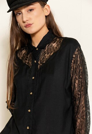 VINTAGE 90'S BLACK LACE PANEL SHIRT
