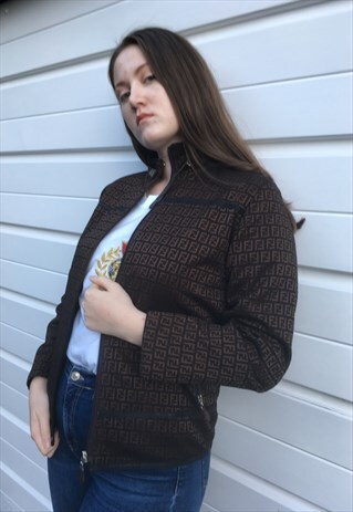 WOMENS VINTAGE FENDI JACKET BROWN MONOGRAM PRINT BIKER COAT