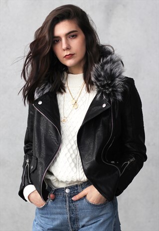 FAUX FUR COLLAR LEATHER JACKET