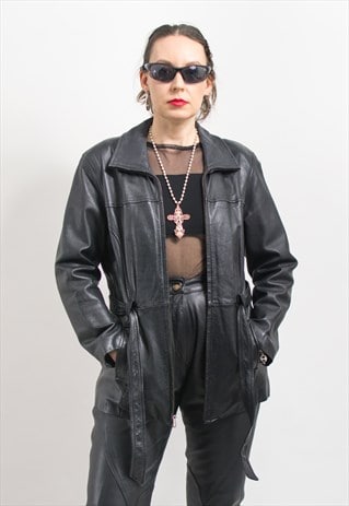 Vintage black leather jacket belted 90's women