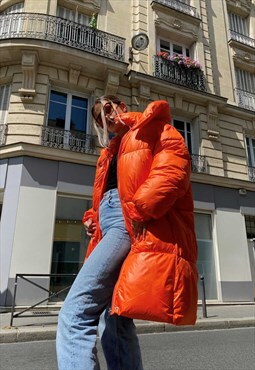 Oversized quilted hooded puffer jacket in Orange 