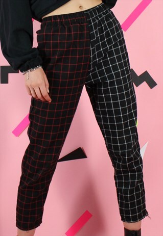 VINTAGE INSPIRED TROUSERS HALF-HALF CHECK RED & BLACK TARTAN