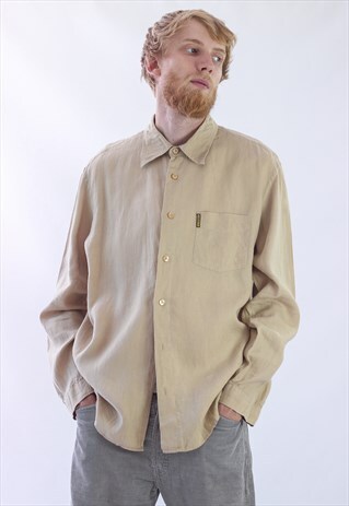 VINTAGE MENS ARMANI JEANS LINEN LONG SLEEVE CAMEL SHIRT