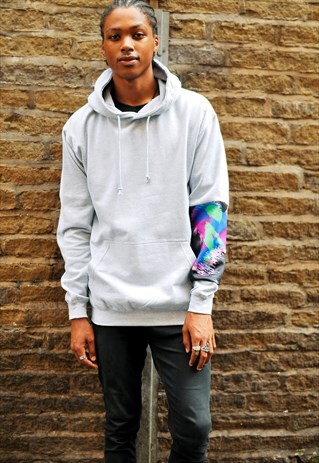 GREY OVERSIZED COLOURFUL CAMO SLEEVE HOODIE