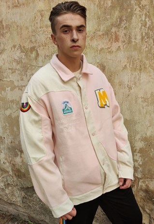 RAINBOW PATCH CORDUROY JACKET REWORKED BOMBER IN PASTEL PINK