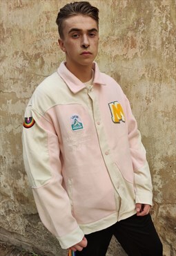 Rainbow patch corduroy jacket reworked bomber in pastel pink