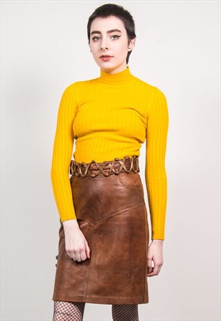 VINTAGE 90'S BROWN LEATHER HIGH WAIST PENCIL SKIRT