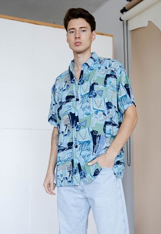 VINTAGE 90S ARTSY MULTI PATTERN SHORT SLEEVE MEN SHIRT IN XL