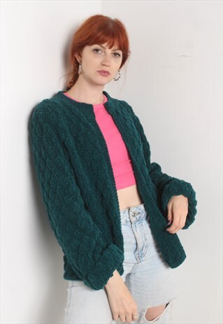 Vintage 80's Fleece Cable Knit Cardigan Green