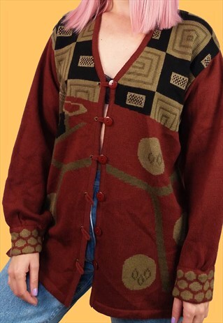 VINTAGE 80'S WOOL KNIT RETRO CARDIGAN GRAPHIC PRINT