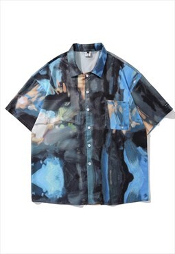 Paint splatter print punk shirt abstract graphic top in blue