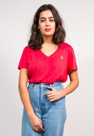 90'S VINTAGE RALPH LAUREN RED V-NECK T-SHIRT