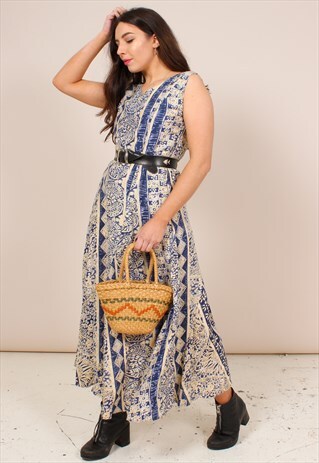VINTAGE 80S FLORAL STRIPE PRINT MAXI DRESS