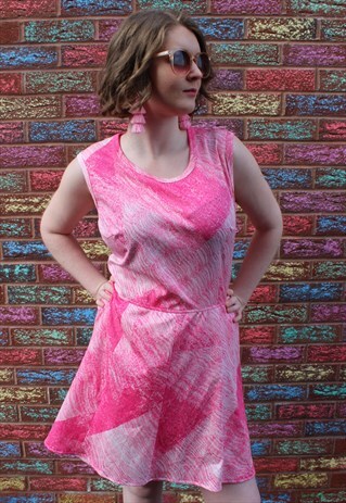 VINTAGE 80'S BRIGHT PINK & WHITE MARBLED A LINE SUMMER DRESS
