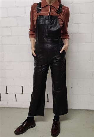 VINTAGE LEATHER DUNGAREES TROUSERS IN BLACK