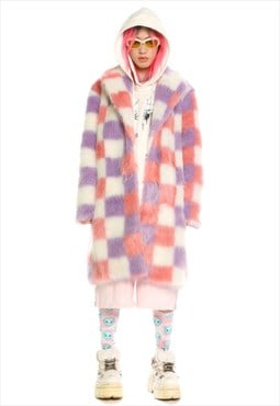 Check long coat faux fur plaid pattern trench jacket in pink