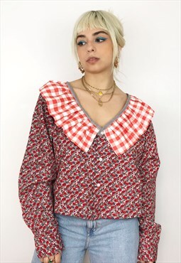 Upcycled Reworked Ruffled Blouse In Poppy Print And Gingham
