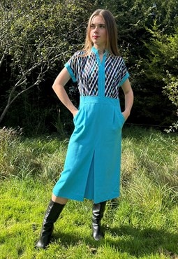 70's Vintage S Modell Blue Stripe Short Sleeve Midi Dress