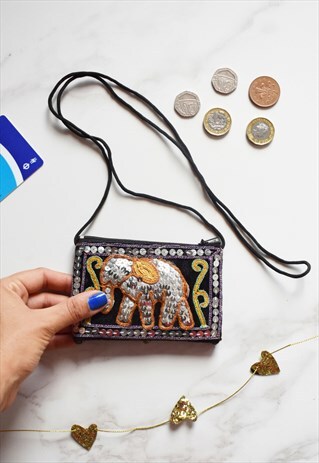 FESTIVAL BOHO COIN MINI BAG WITH SEQUIN EMBROIDERED ELEPHANT