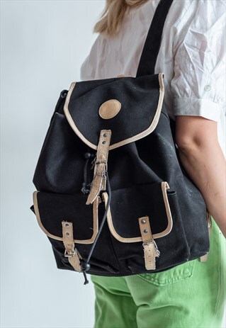 VINTAGE 70S BOHO CANVAS RUCKSACK IN BLACK