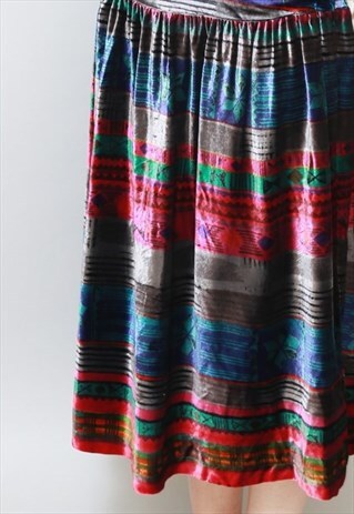VINTAGE 1980'S MULTI COLOURED VELVET MIDI SKIRT