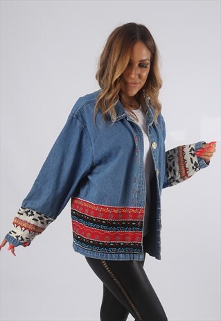 VINTAGE DENIM JACKET OVERSIZED BOXY PATTERNED UK 16 (82R)