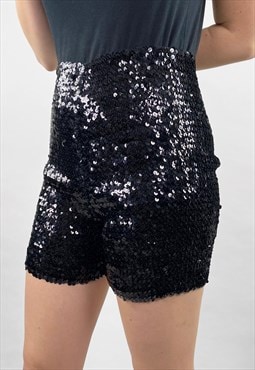 80'S Vintage Ladies Black Sequin Stretchy High Rise Shorts