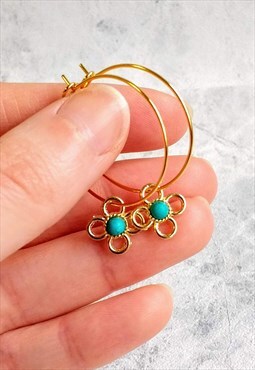 Mini Golden Turquoise Flower Hoop Earrings