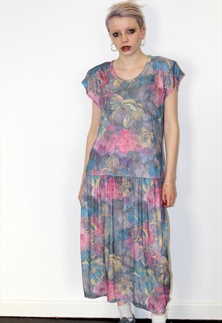 80S VINTAGE PASTEL FLORAL PRINT DRESS BOHO SLOUCHY MIDI TEA