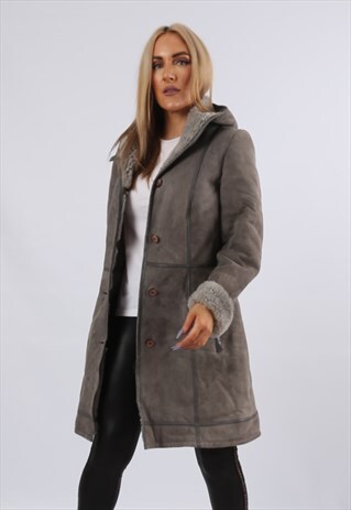 VINTAGE SHEEPSKIN SUEDE SHEARLING COAT MID HOODED (JDG)